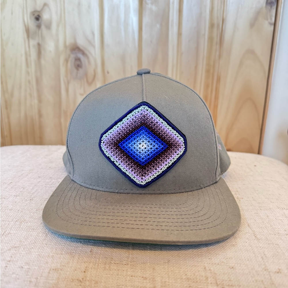 Gray Trucker Hat/Baseball Cap with  a Beaded Geometric Patch